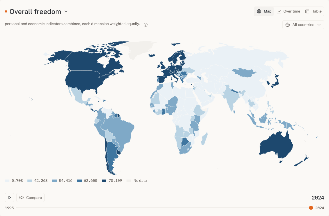FreedomLens map showing overall freedom scores around the world in 2024